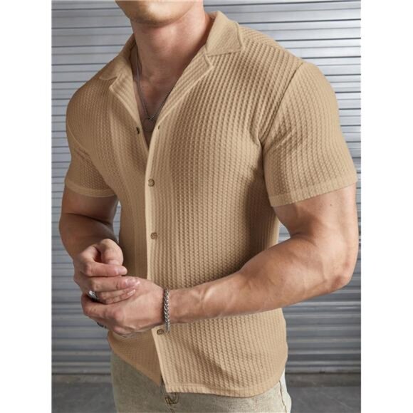 Homme Men Solid Button Front Shirt Light Brown Stylish Men Wear - Picture 4 of 4